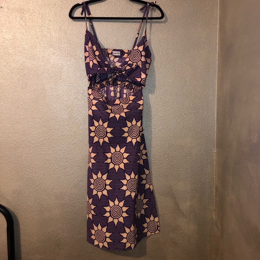 Mayamiko Unkha Edgy Boho Hippie Bow Front Cut Out Purple Floral Cotton Dress